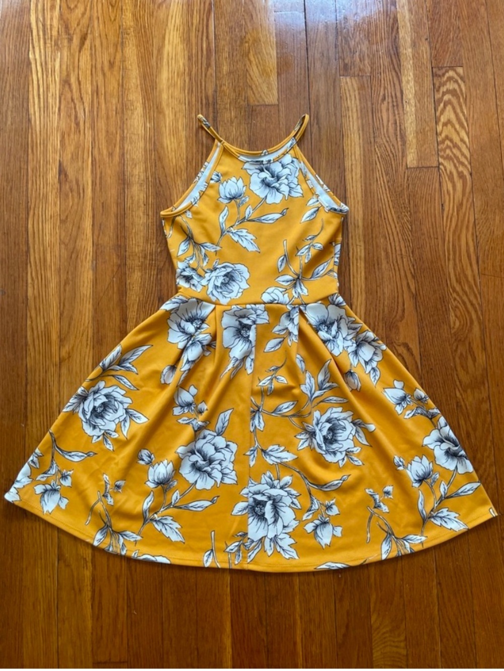 Soprano Mustard Yellow Floral Halter Skater Dress